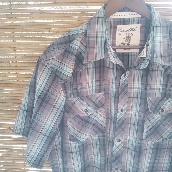 Coastal XXL Mens Tan Turquoise Plaid Snap Western Shirt - Picture 8 of 9